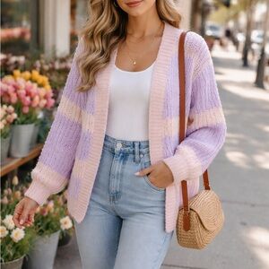 Pink Lily Pastel Chunky Knit Cardigan Lavender Blush Spring Sweater